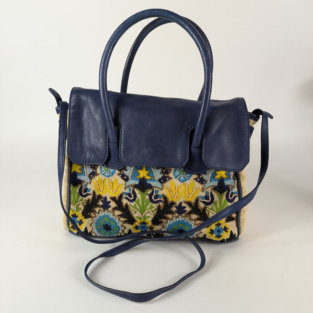 Sam Edelman Sylvia Purse Handbag Navy Blue Rare Embroidered Beads Leather Jute
